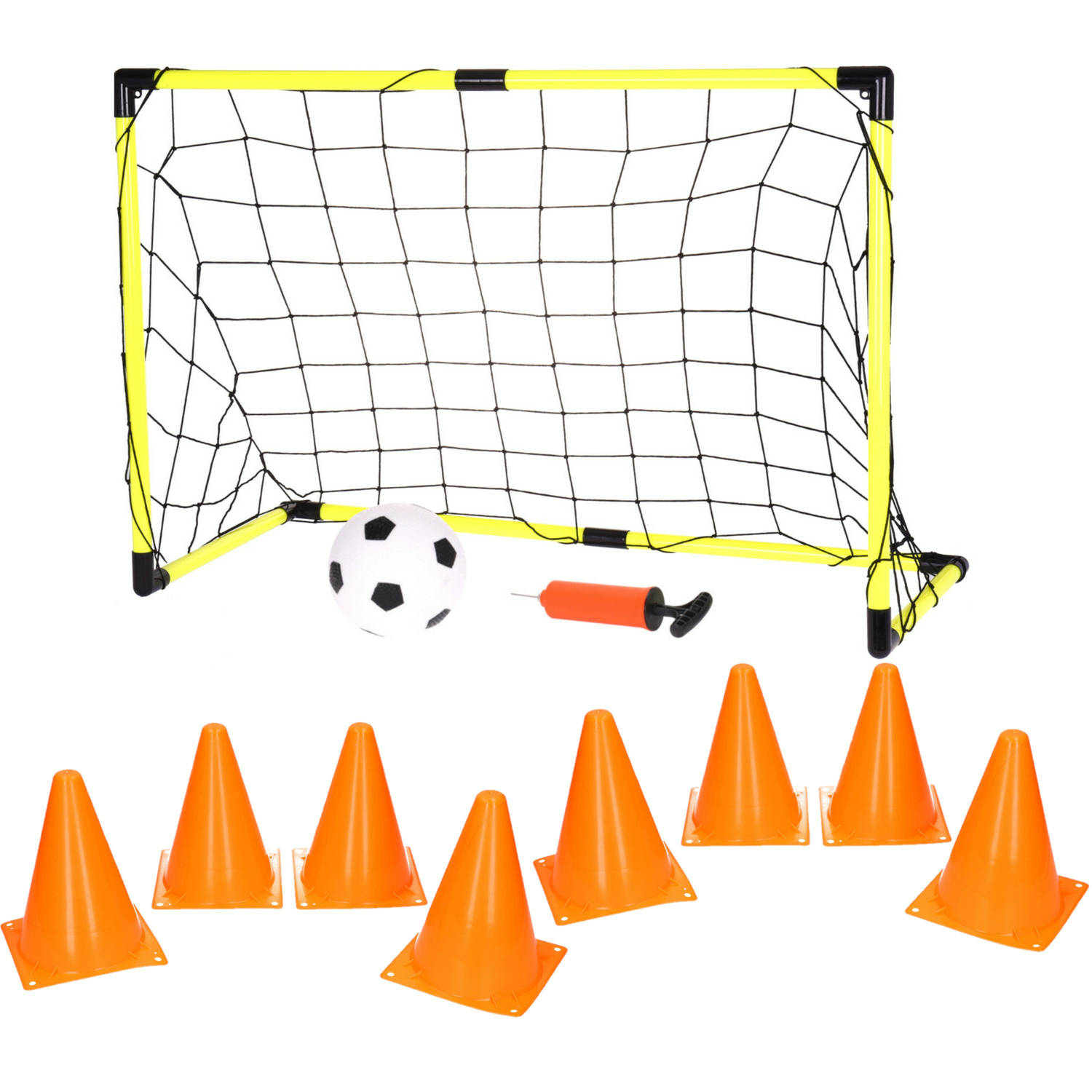Voetbalgoal-voetbaldoel met bal en pomp incl. 8x oranje pionnen 17 cm Voetbaldoel