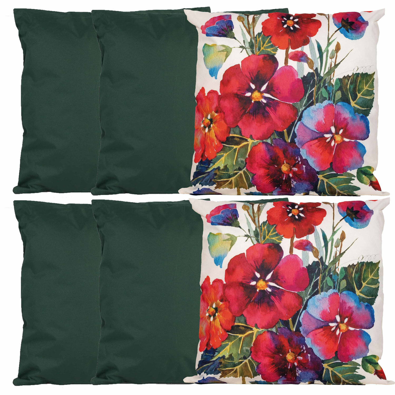 Bank-tuin kussens set voor binnen-buiten 6x stuks groen-flowers print 45 x 45 cm Sierkussens