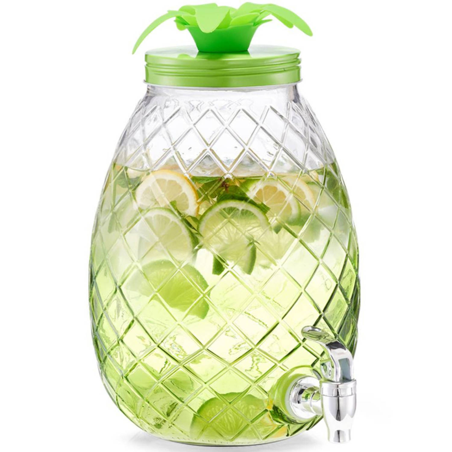 1x Groene glazen drank dispensers ananas 4,5 liter - Zeller - Keukenbenodigdheden - Zomers/tropisch tuinfeest decoratie - Dranken serveren - Drankdispensers - Dispensers voor o.a.