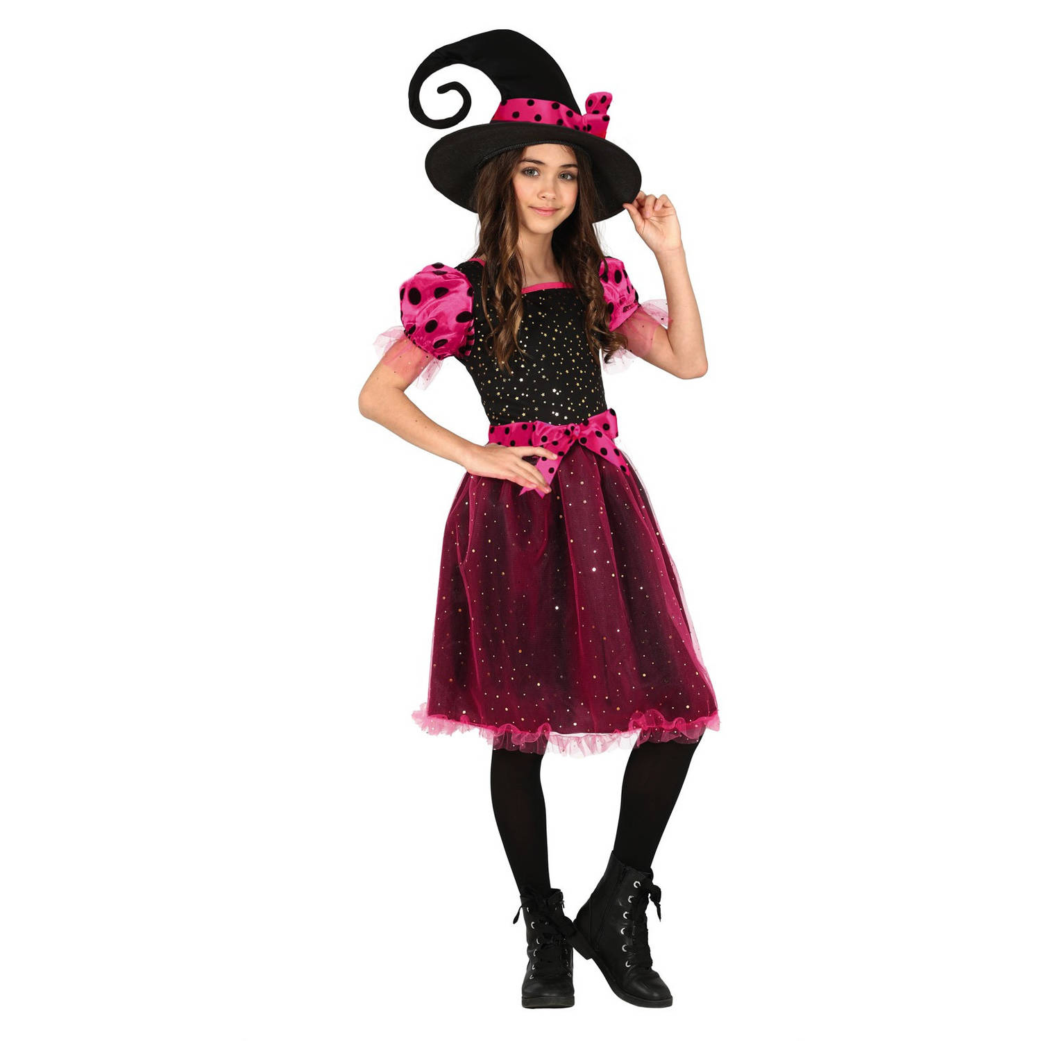 Heksen verkleed kostuum zwart/roze voor meisjes - Halloween / horror thema outfit - Carnaval heks jurk met hoed 140/152