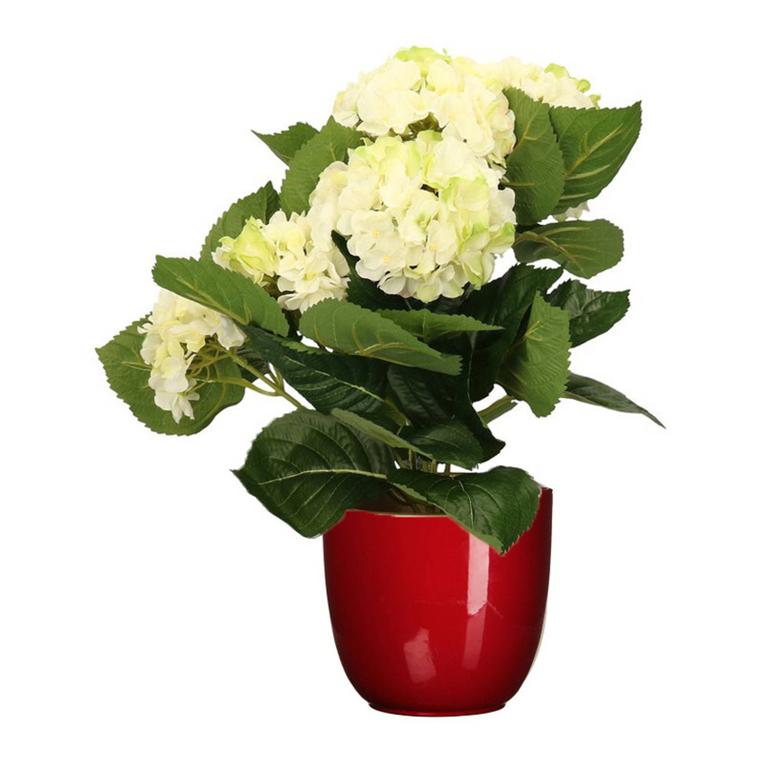 Hortensia kunstplant-kunstbloemen 36 cm wit-groen in pot rood glans Kunstplanten
