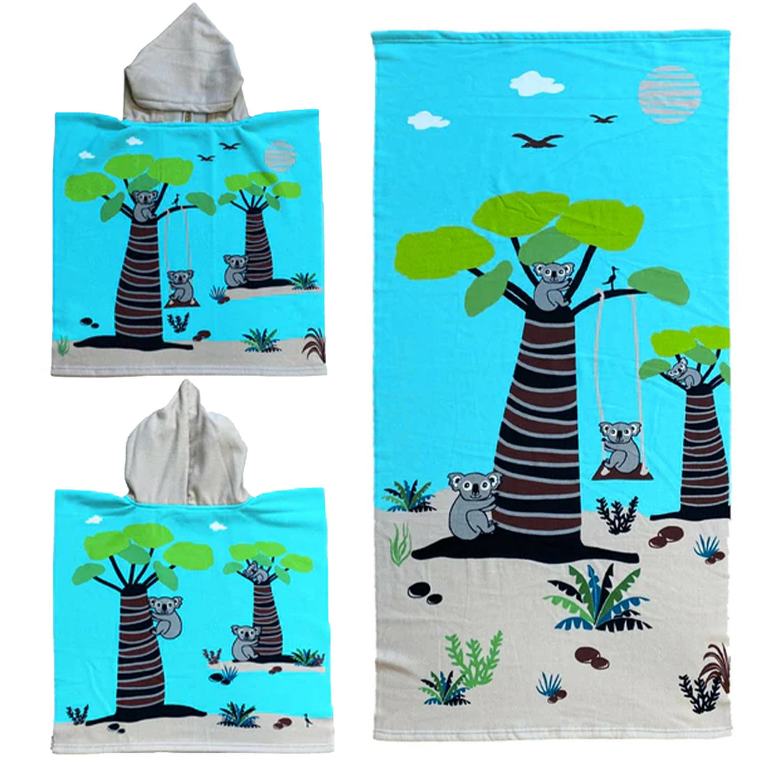 Set van bad cape-poncho met strand-badlaken microvezel Strandhanddoeken voor kinderen met koalas Bad