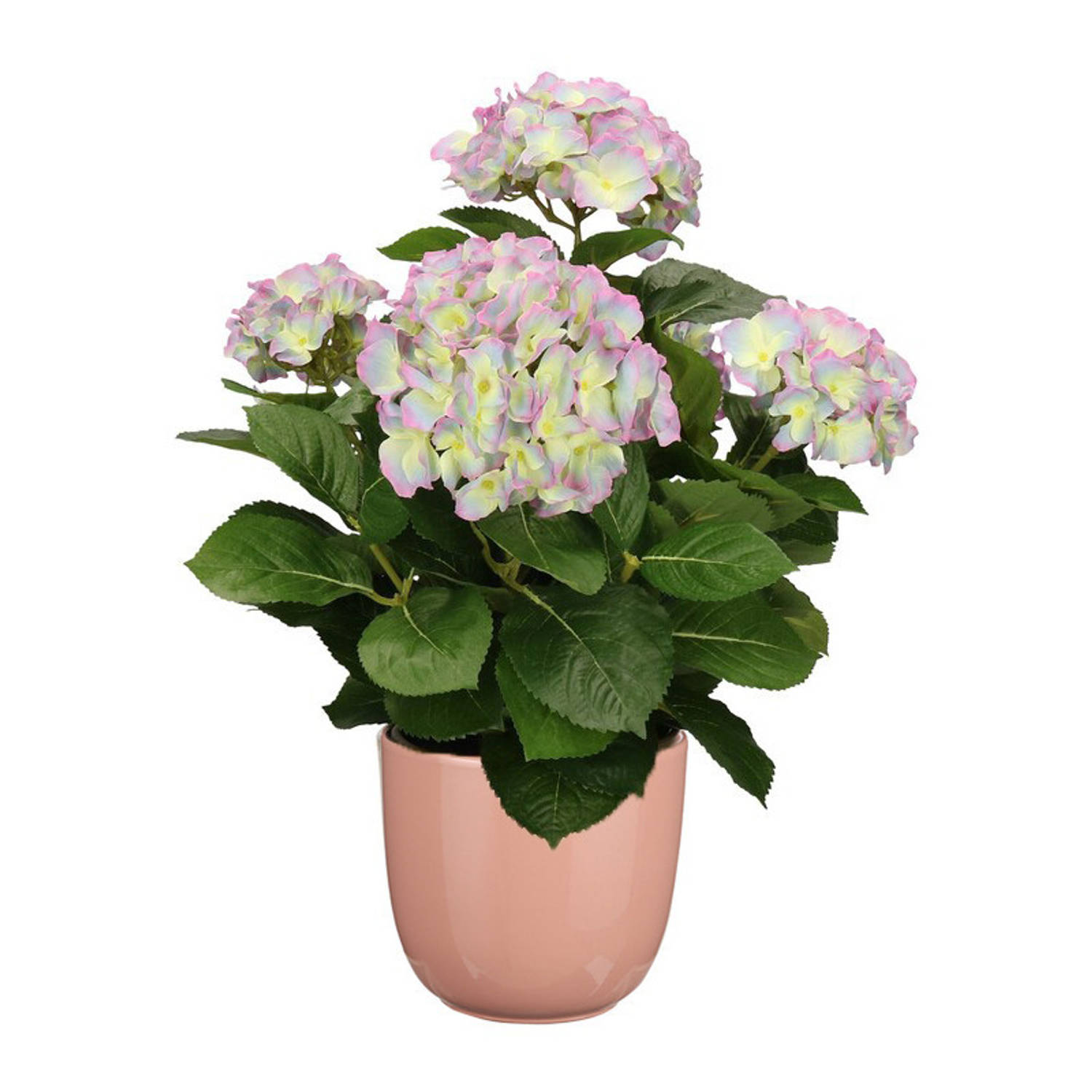 Hortensia kunstplant-kunstbloemen 45 cm paars-groen in pot roze glans Kunstplanten