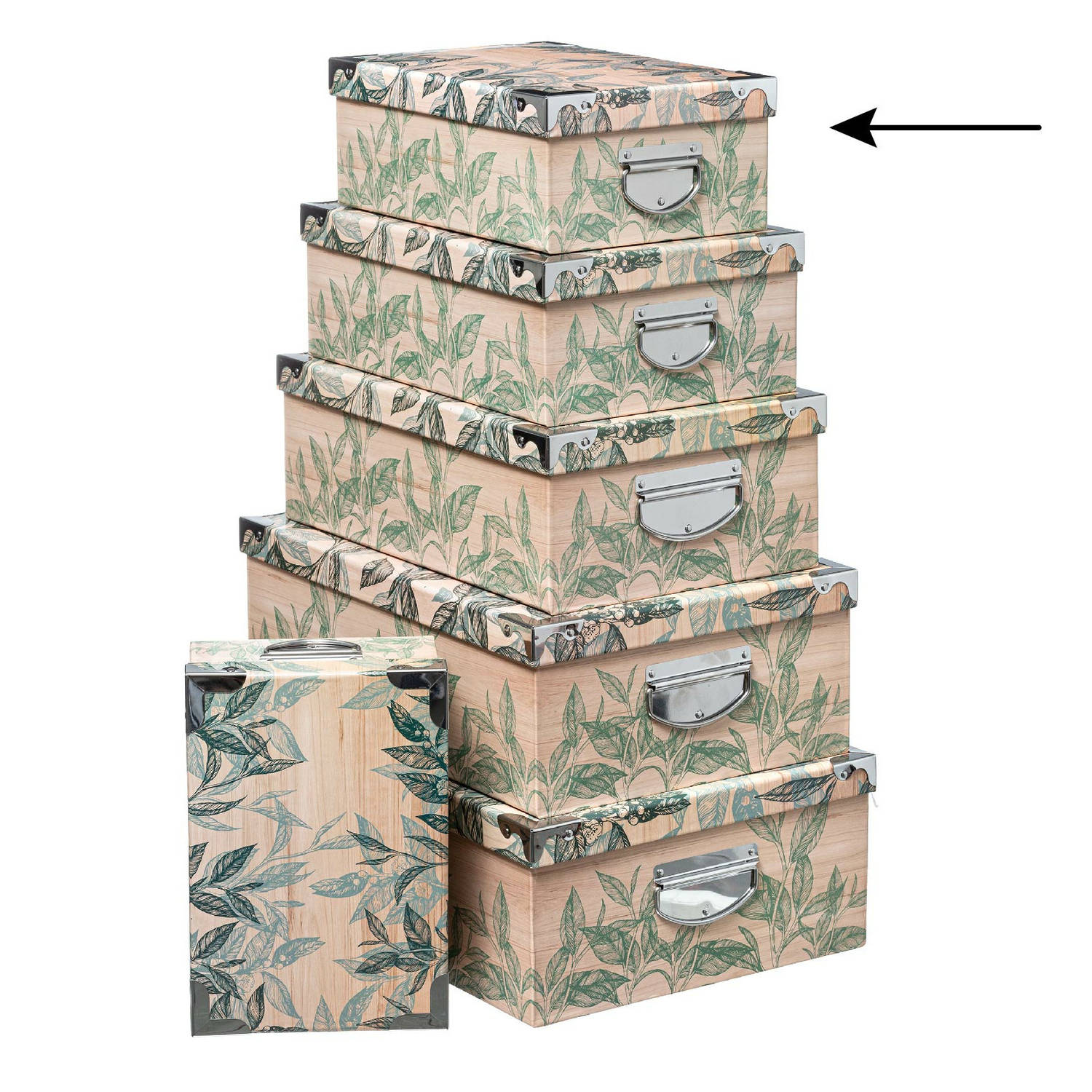 5Five Opbergdoos-box Green leafs print op hout L32 x B21.5 x H12 cm Stevig karton Leafsbox Opbergbox