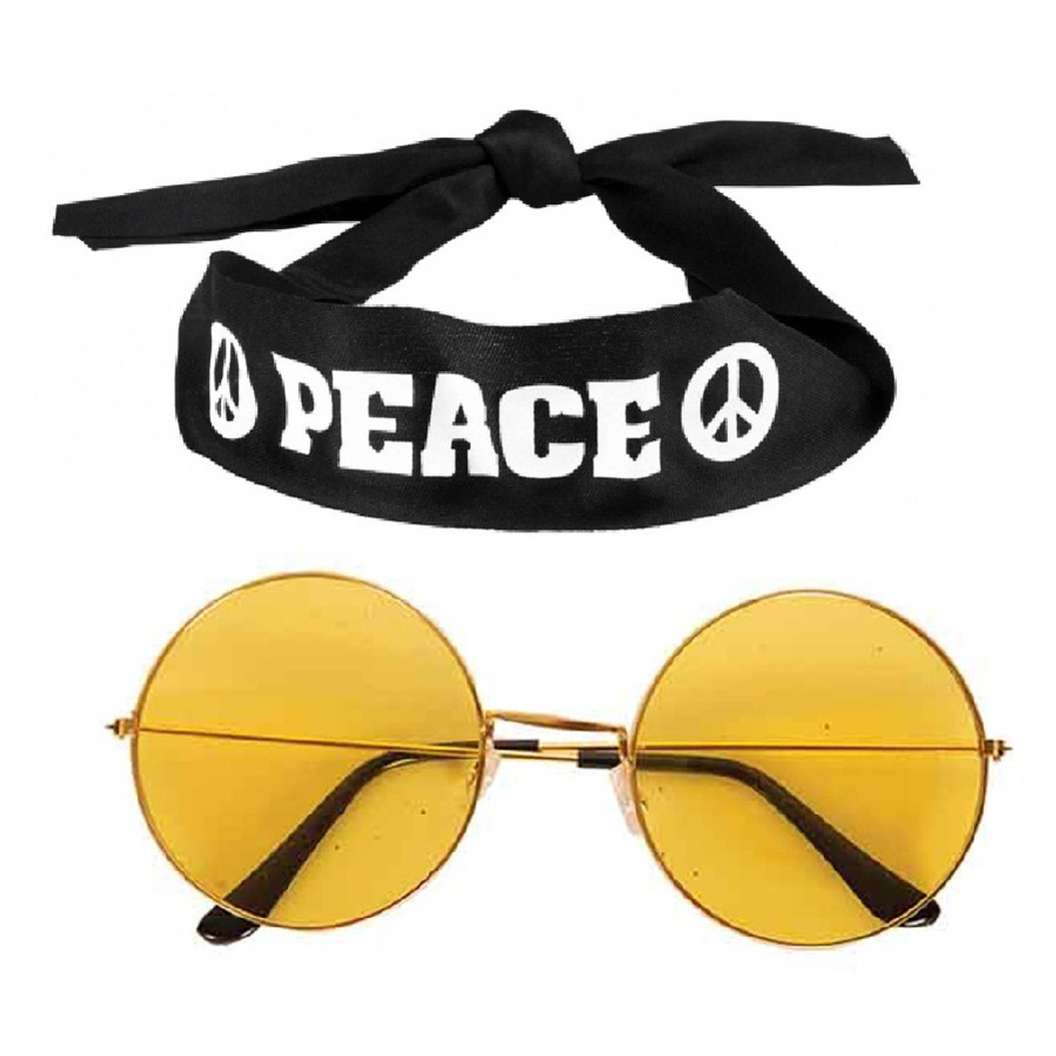 Hippie Flower Power verkleedset hoofdband met ronde glazen bril geel Verkleedhoofddeksels