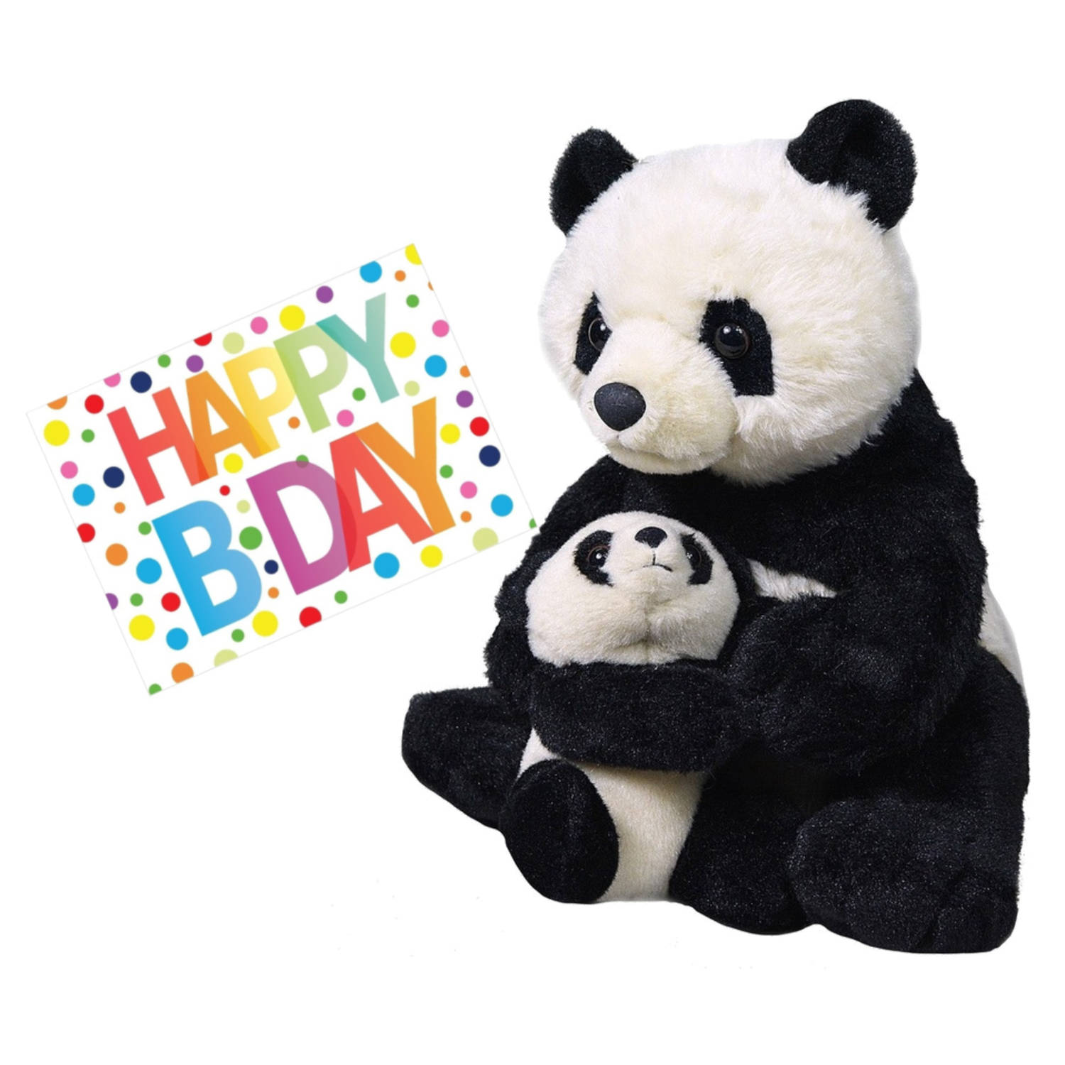 Pluche knuffel panda beer met baby 38 cm met A5-size Happy Birthday wenskaart Knuffeldier
