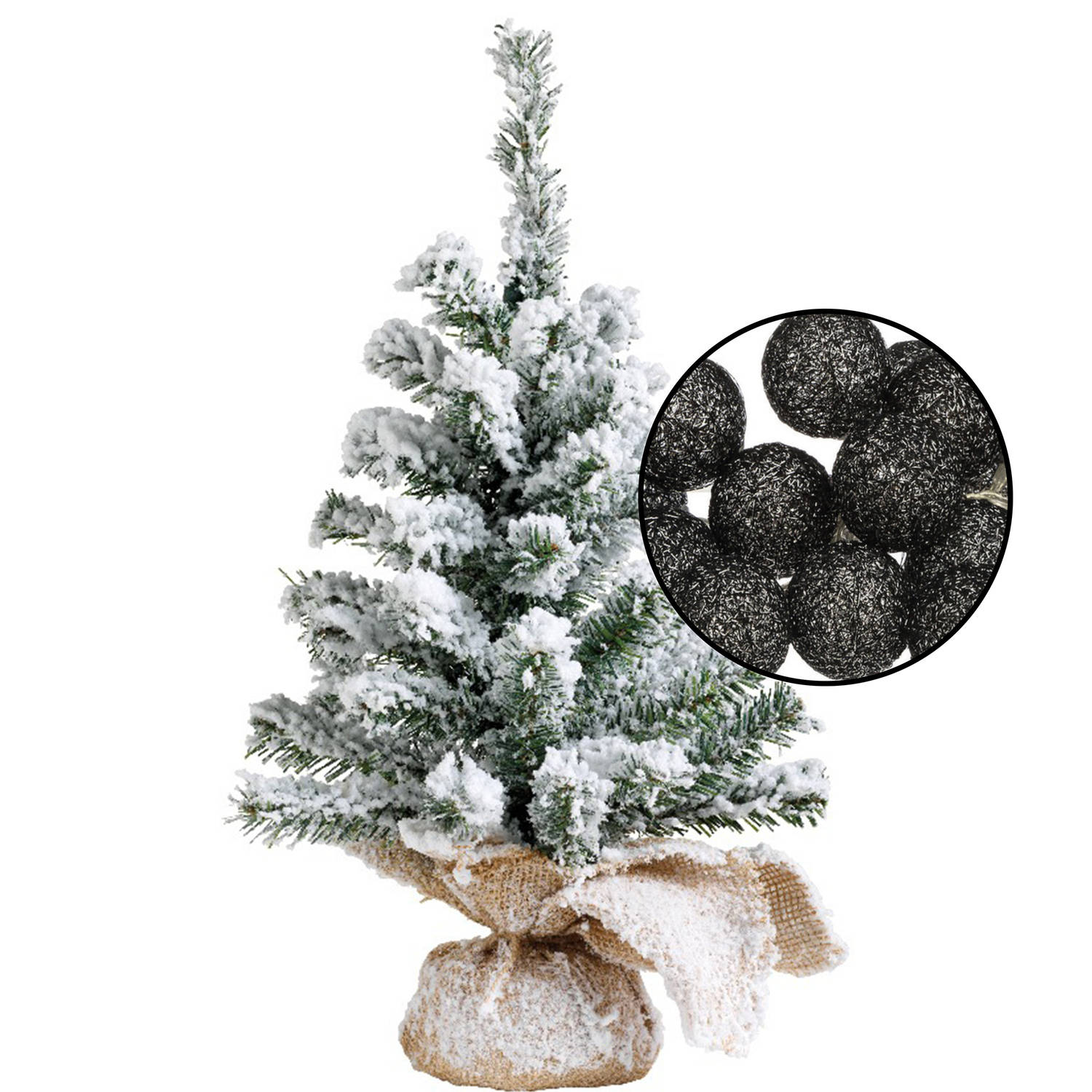 Mini kerstboom besneeuwd met verlichting in jute zak H45 cm zwart Kunstkerstboom