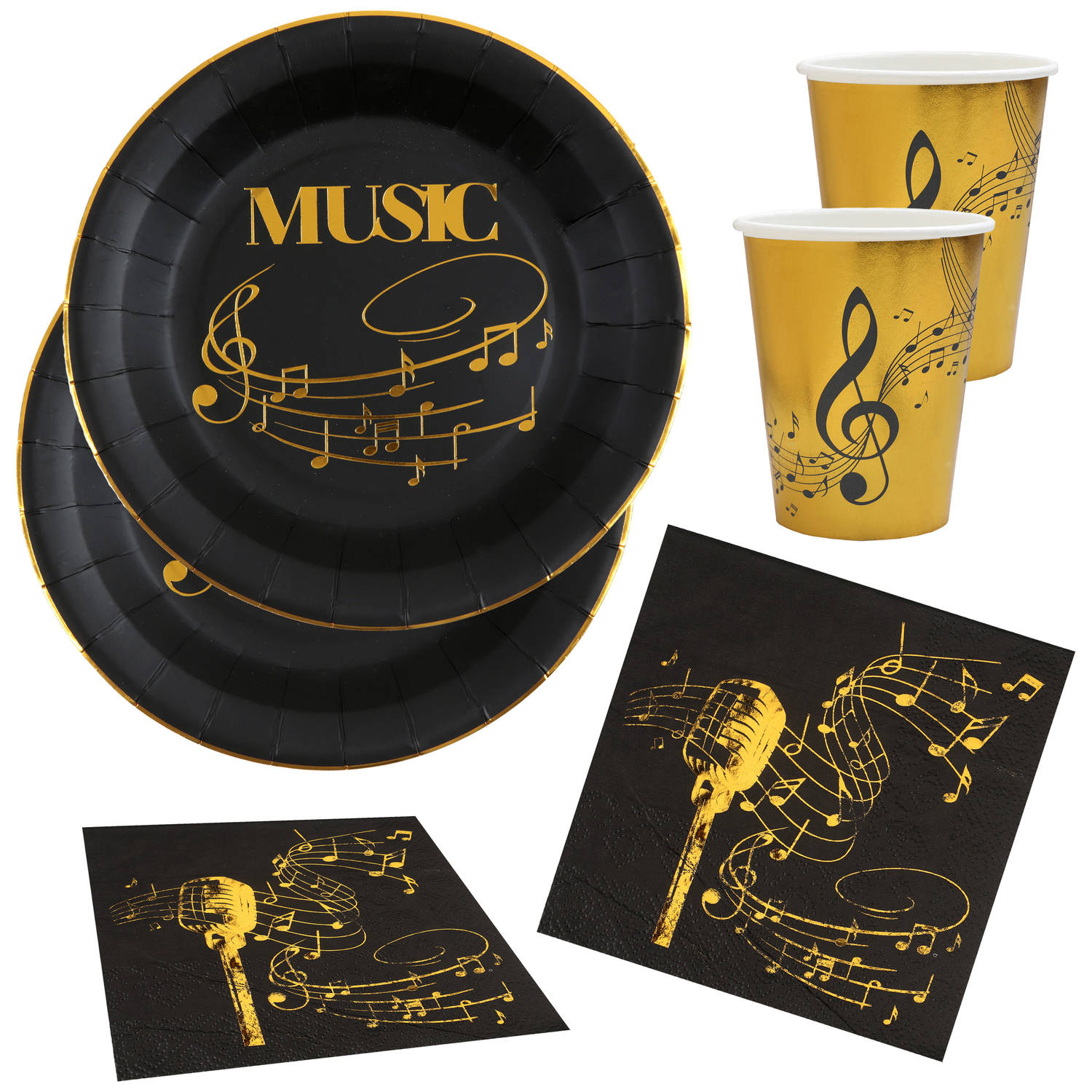 Muziek feest wegwerp servies set 10x bordjes-10x bekers-20x servetten goud-zwart Feestpakketten