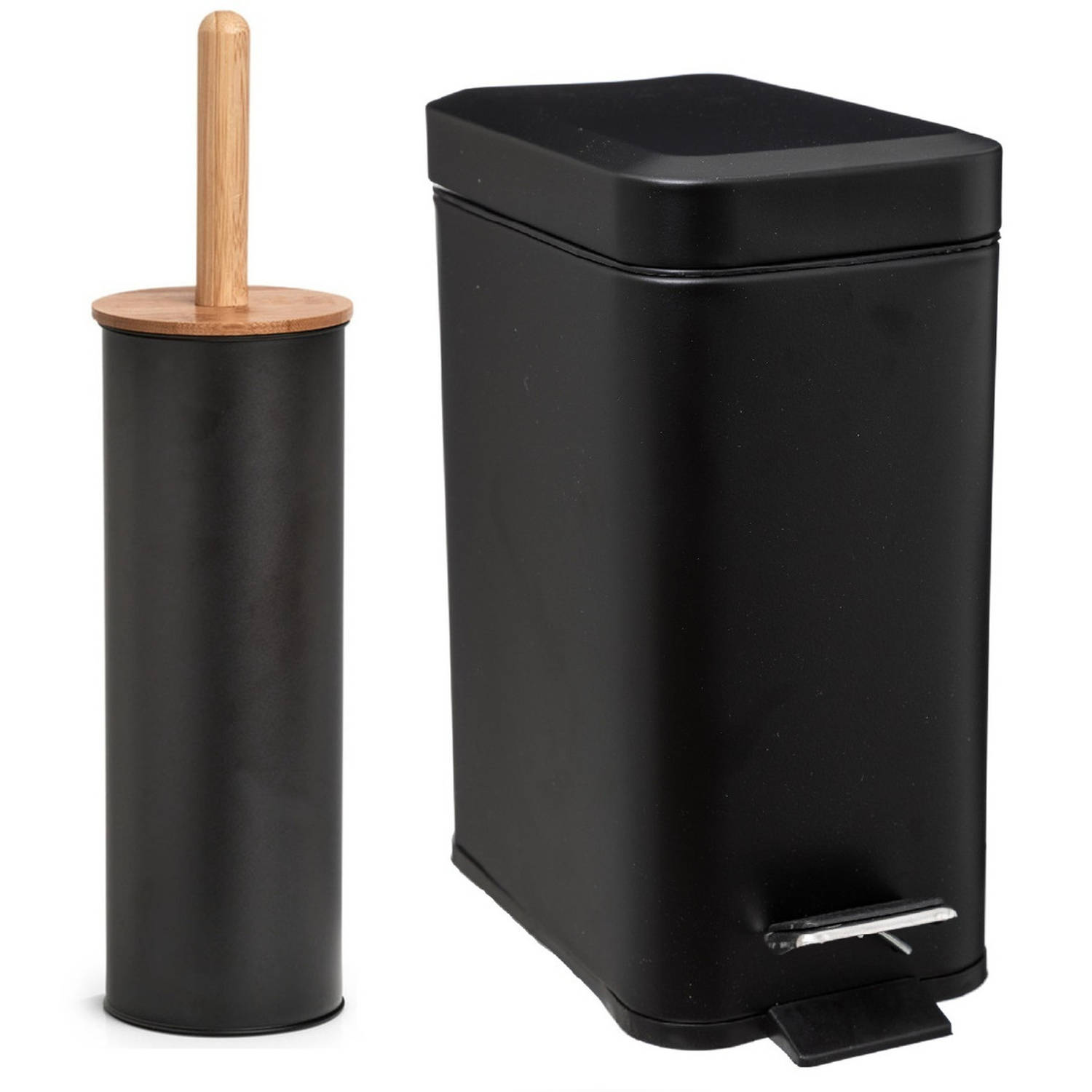 Badkamer-toilet set WC-borstel en pedaalemmer 5L metaal- bamboe zwart Toiletborstels