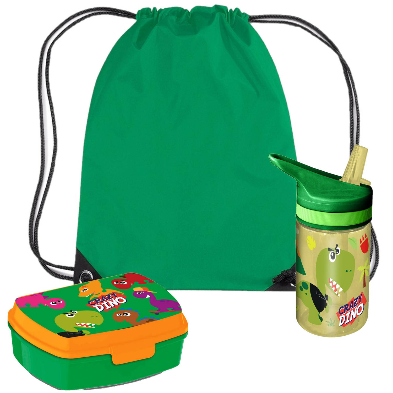 Crazy Dino lunchbox set voor kinderen 3-delig groen kunststof incl. gymtas-schooltas Lunchboxen