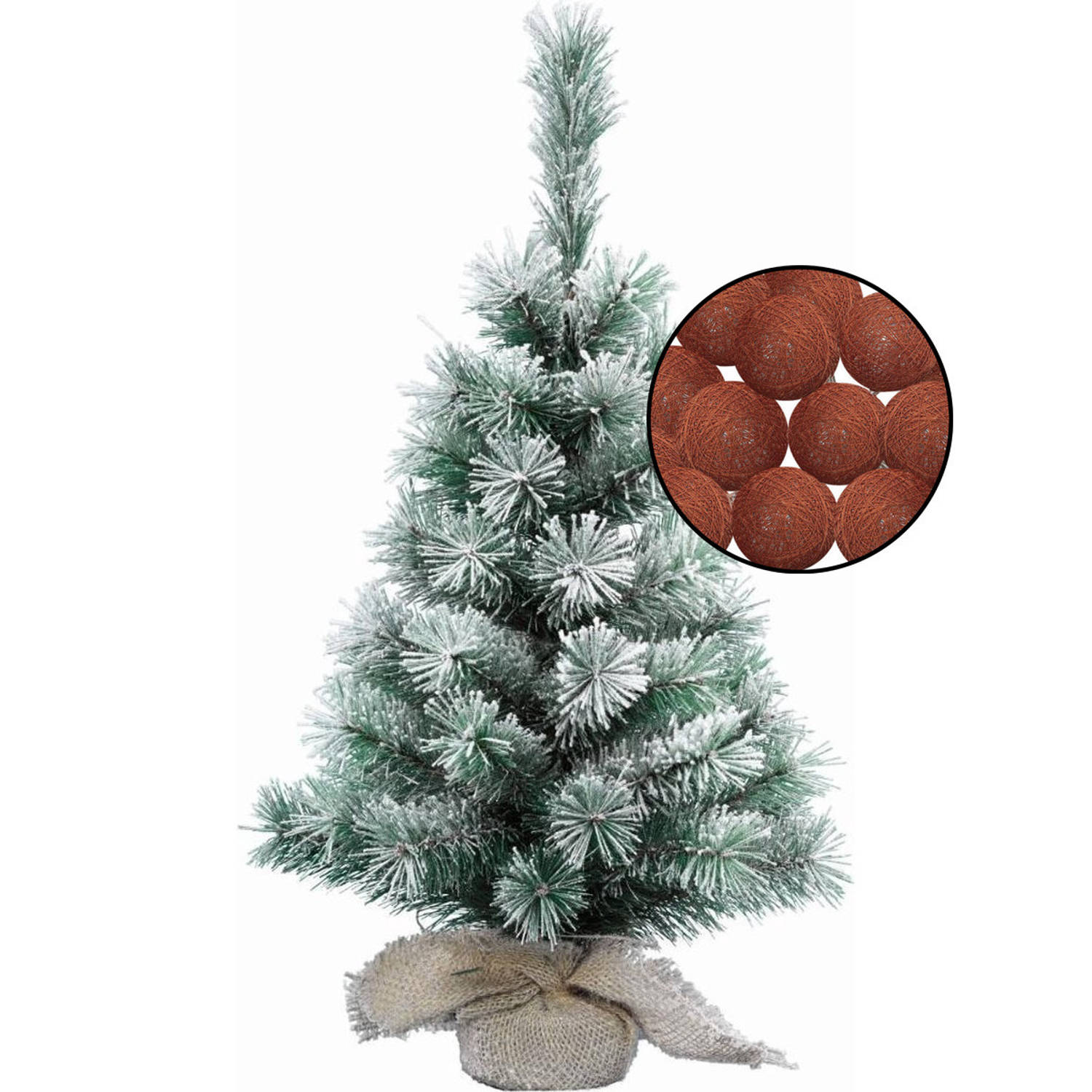 Mini kerstboom besneeuwd met verlichting in jute zak H60 cm terracotta Kunstkerstboom