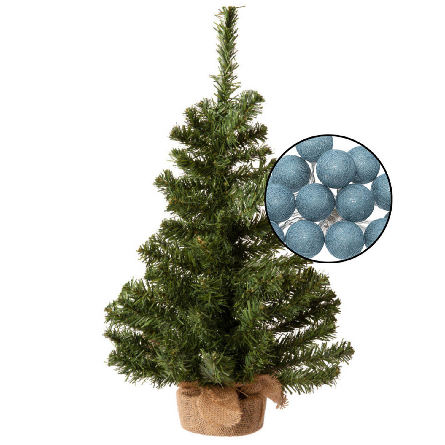 Mini kerstboom groen met verlichting in jute zak H60 cm blauw Kunstkerstboom