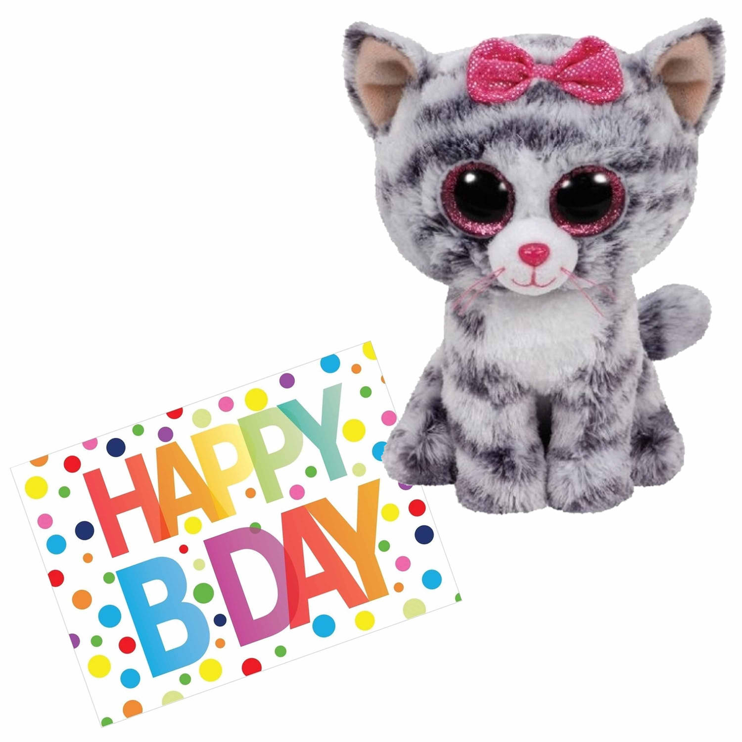Pluche knuffel kat-poes Ty Beanie Kiki 15 cm met A5-size Happy Birthday wenskaart Knuffeldier