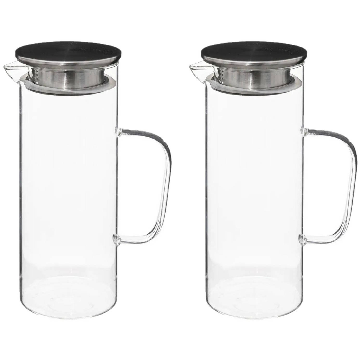 Secret de Gourmet Water Karaf-Schenkkan 2x rvs dop glas 1.1 Liter - D9 x H22 cm Karaffen