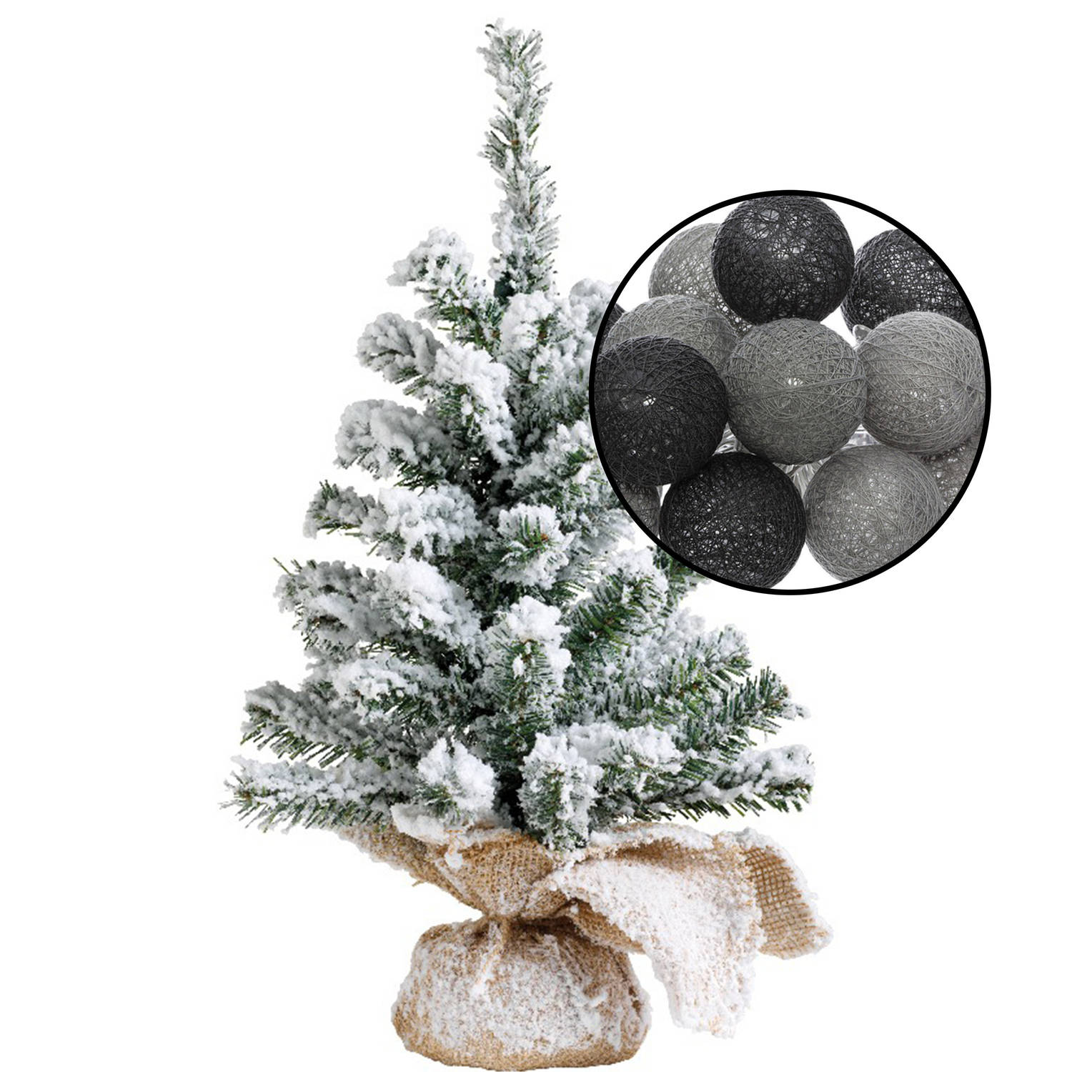 Mini kerstboompje met sneeuw -incl. verlichting bollen zwart-grijs- H45 cm Kunstkerstboom