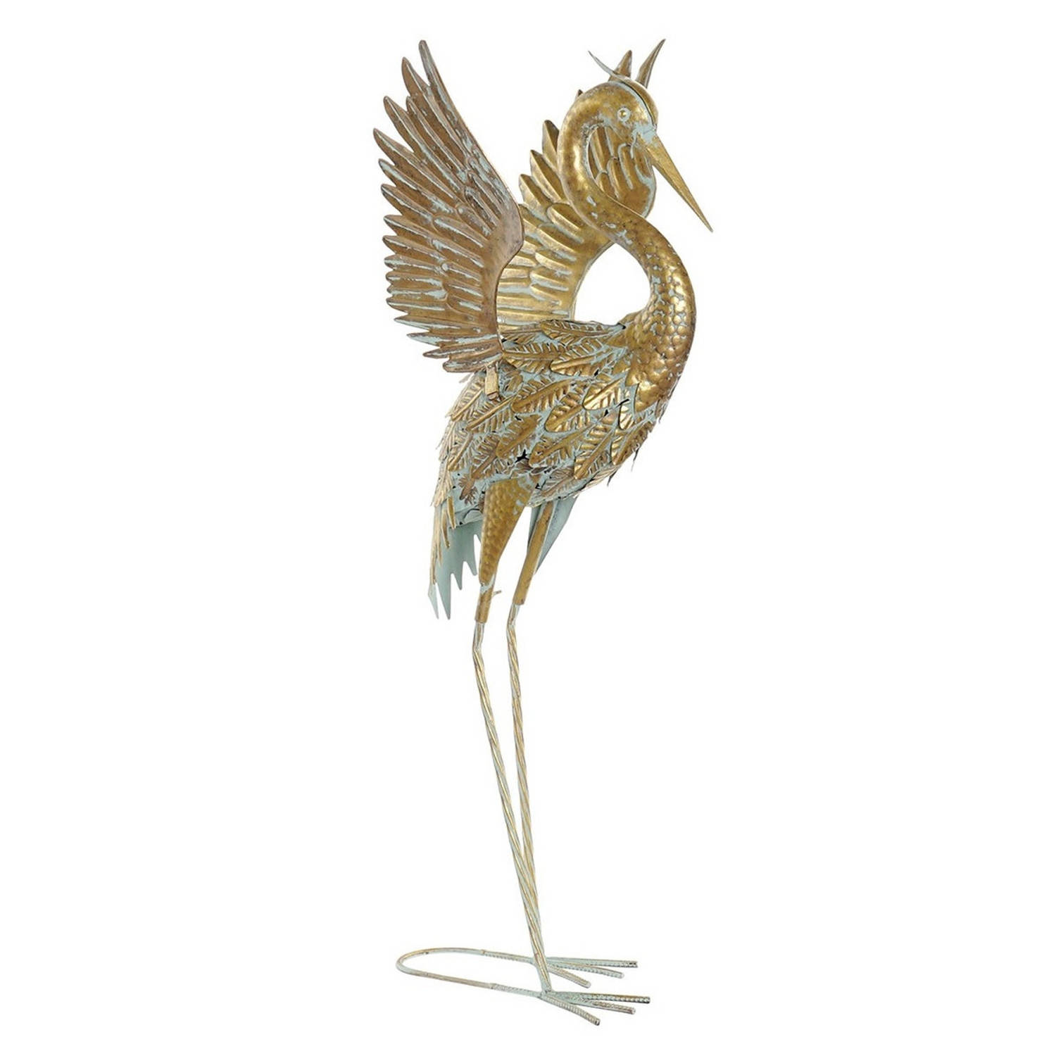 Items Tuin decoratie dieren/vogel beeld - Metaal - Reiger vliegend - 34 x 85 cm - buiten - goud - Tuinbeelden