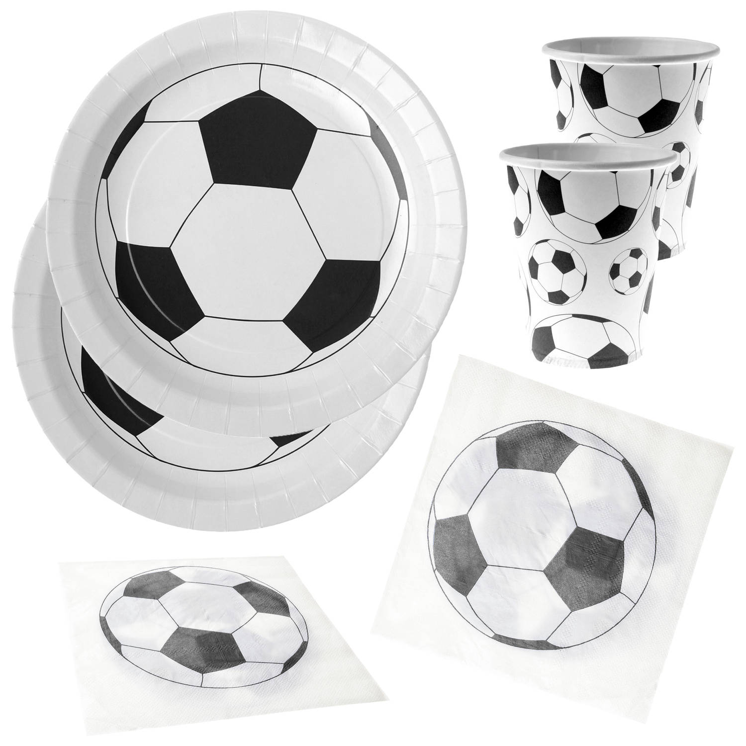 Voetbal thema feest wegwerp servies set 10x bordjes-10x bekers-20x servetten wit-zwart Feestpakkette