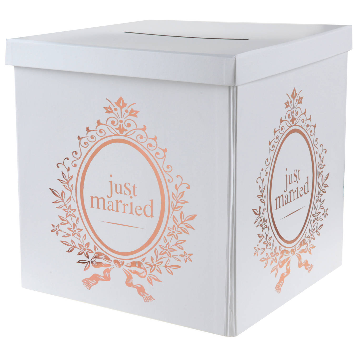 Santex Enveloppendoos just married - Bruiloft - wit/rose goud - karton - 20 x 20 cm