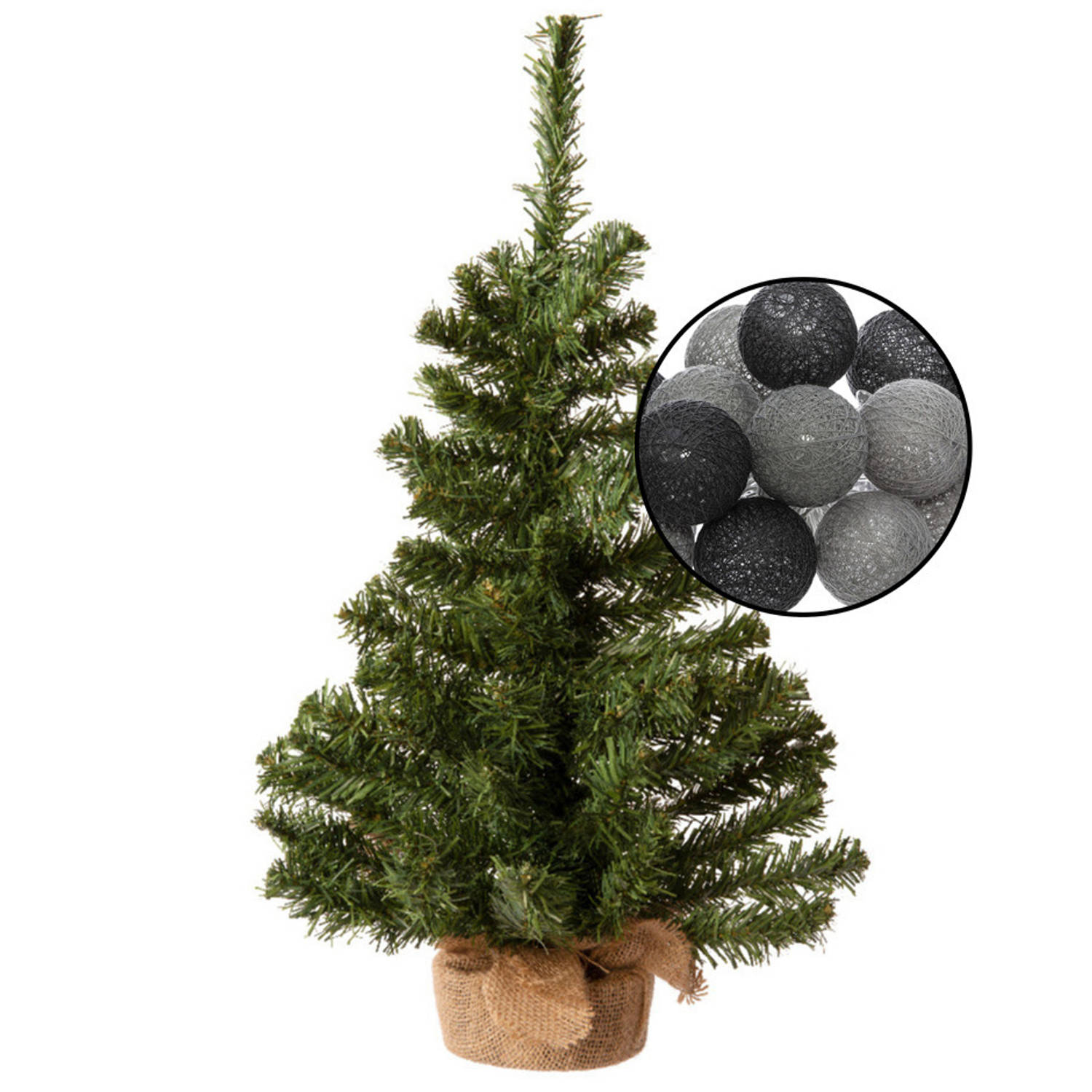 Mini kunst kerstboom groen met verlichting bollen zwart-grijs H60 cm Kunstkerstboom