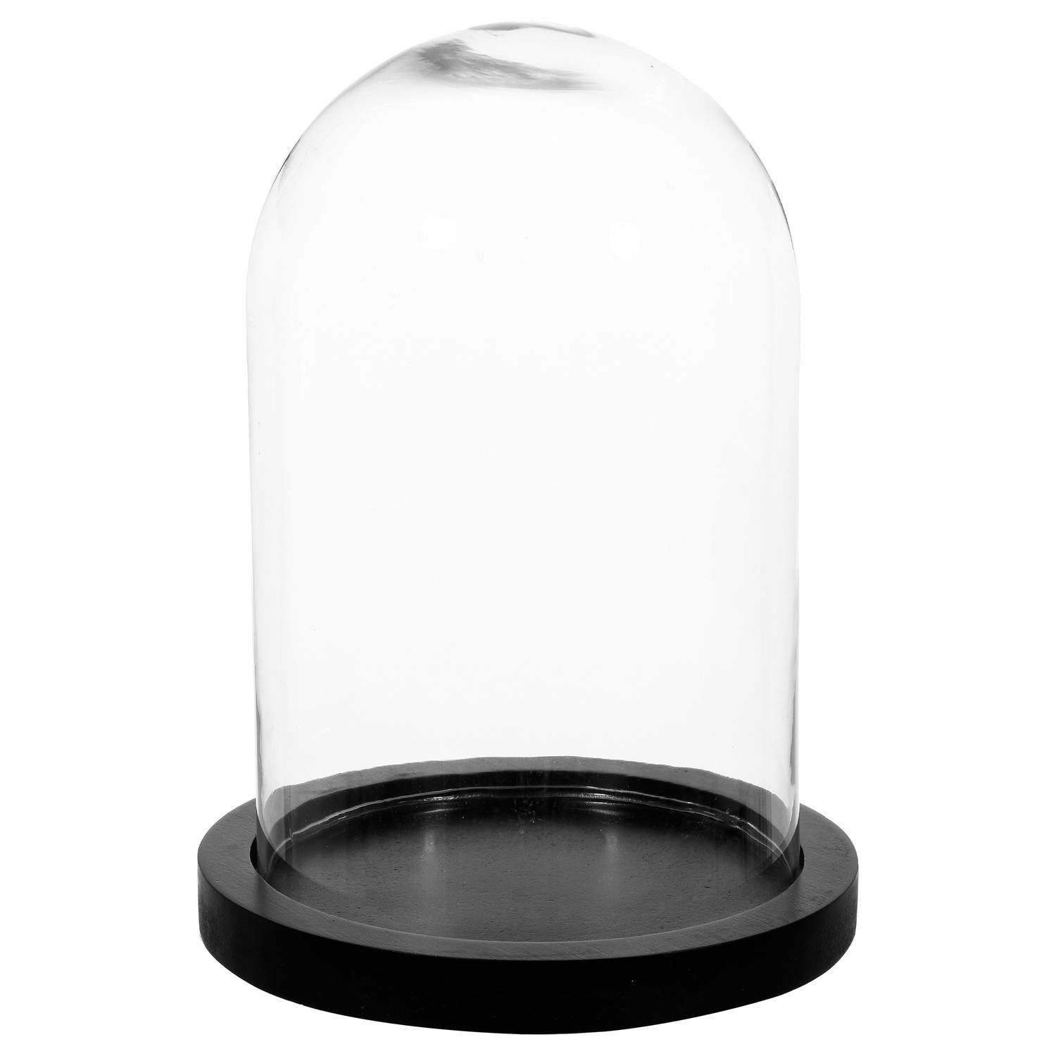 Atmosphera Home decoratie glazen stolp op houten plateau - glas/zwart - D15 x H24 cm - Woonaccessoires