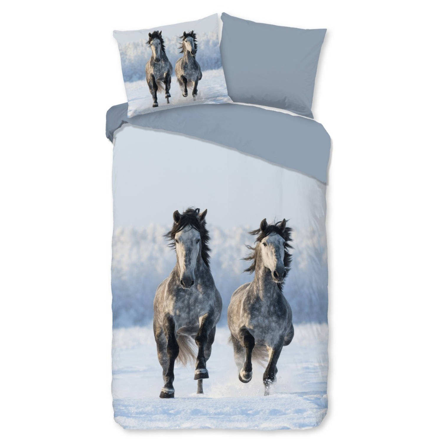 Good Morning Kinder Dekbedovertrek Flanel Snowhorses grey 140x200-220cm