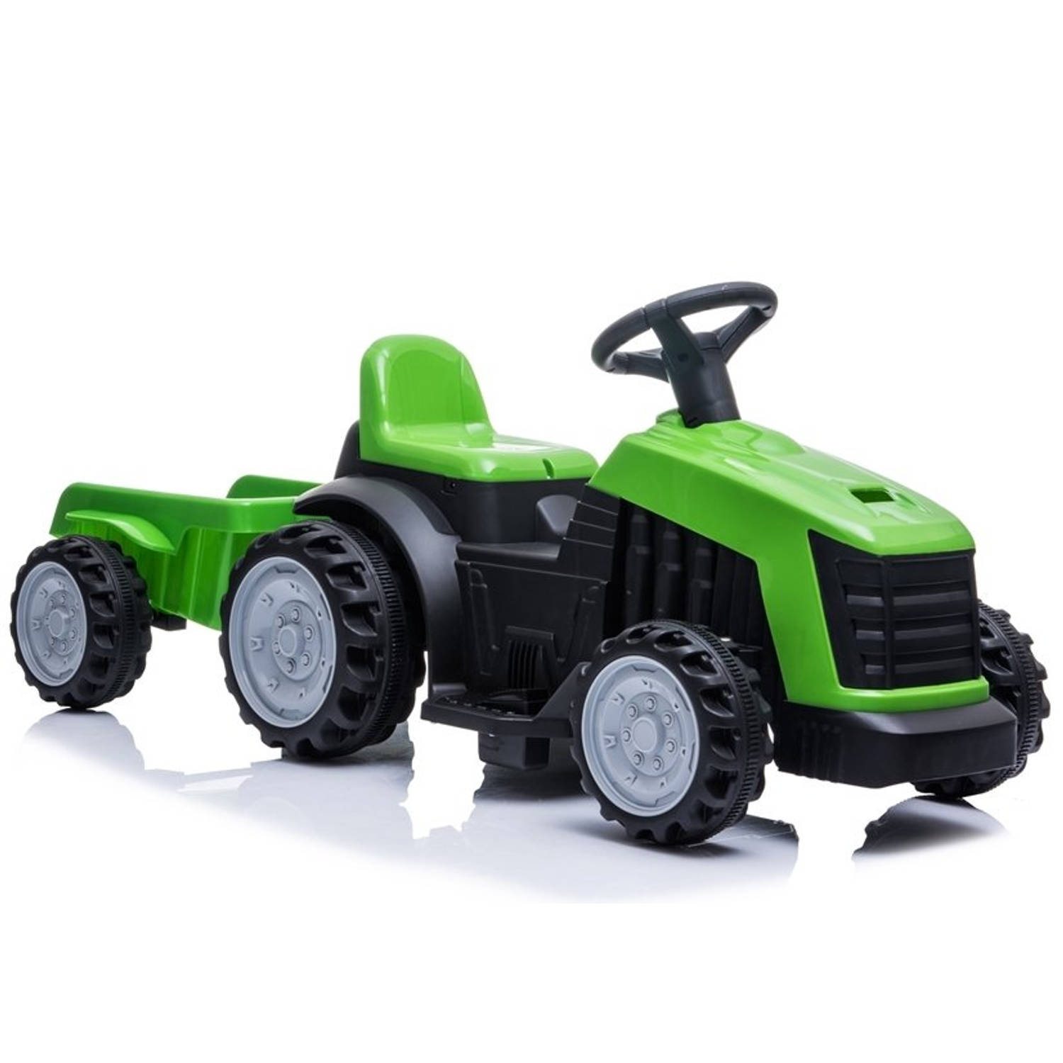 Elektrische kinder tractor groen met trailer - accu voertuig voor kinderen tot 25kg max 2 - 4km/h - inclusief aanhanger - 6V - voor en achteruit - remt automatisch al gas word losg