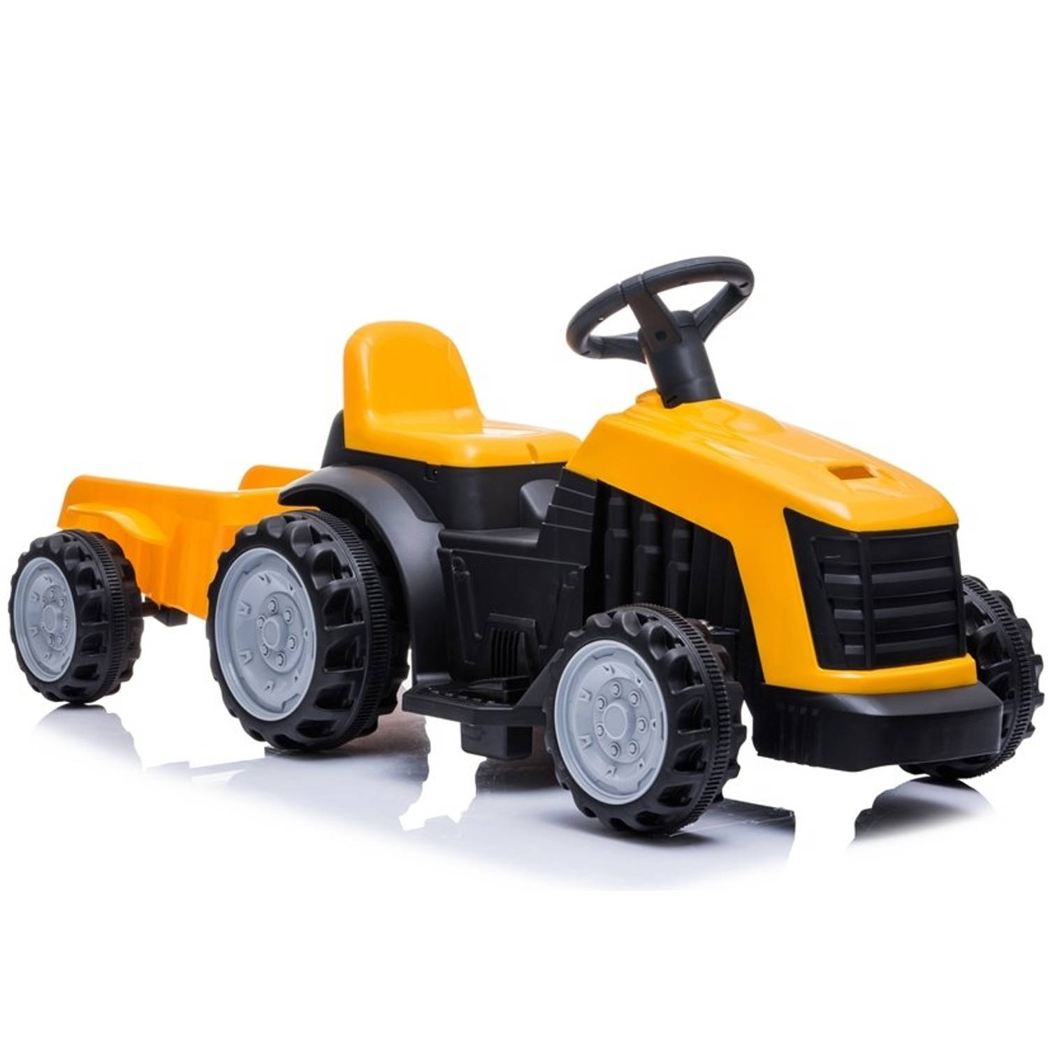 Elektrische kinder tractor geel met trailer - accu voertuig voor kinderen tot 25kg max 2 - 4km/h - inclusief aanhanger - 6V - voor en achteruit - remt automatisch al gas word losge