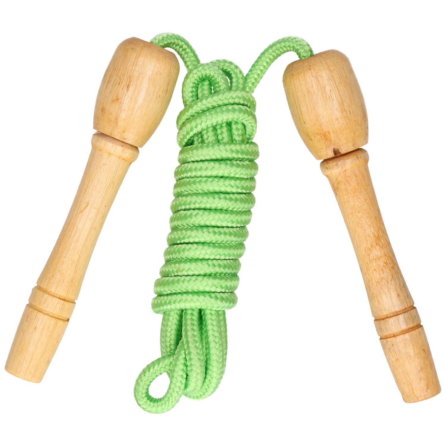Kids Fun Springtouw speelgoed met houten handvat groen 240 cm buitenspeelgoed Springtouwen