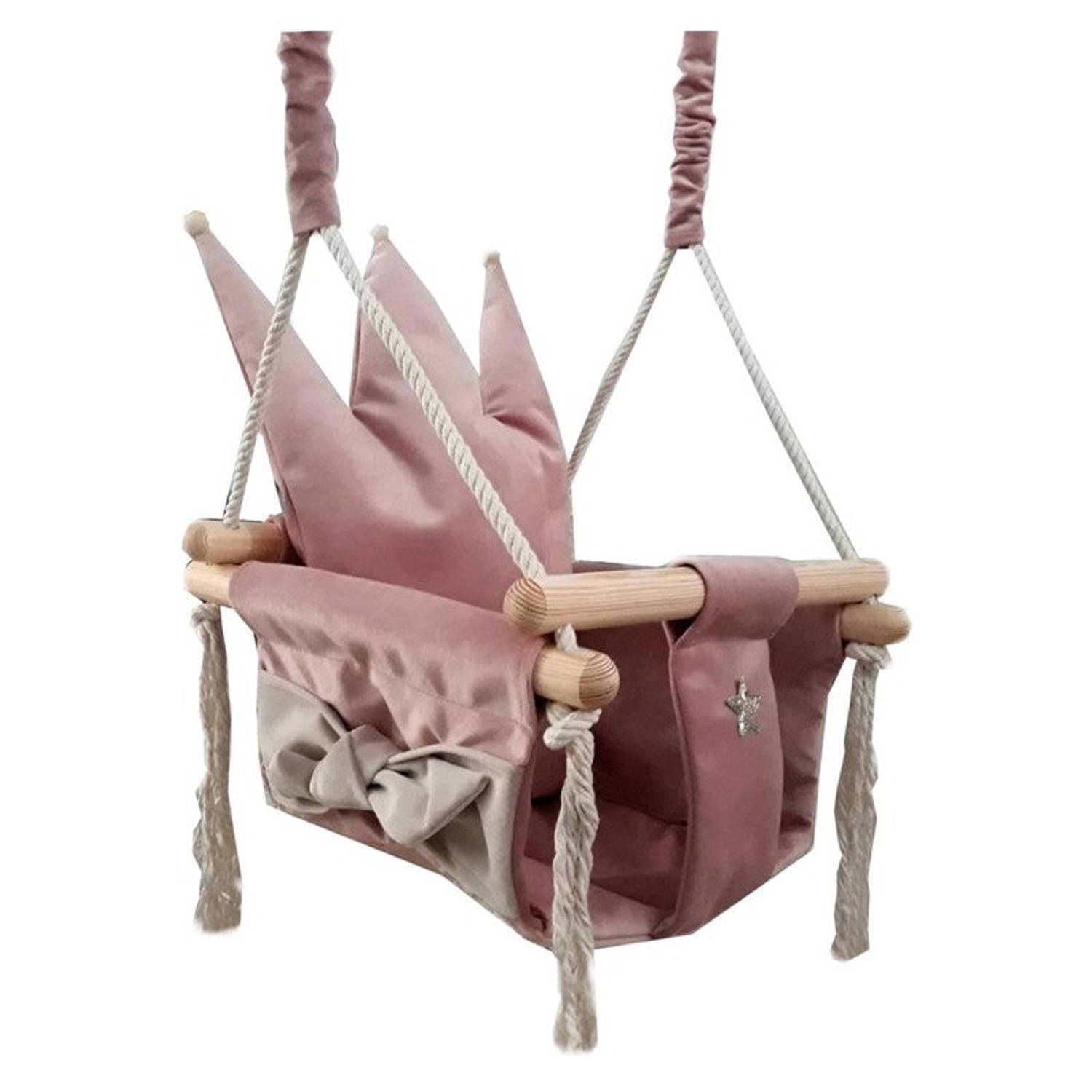 Luxe houten handgemaakte roze baby schommel en kinder schommel met kroon vormig kussen