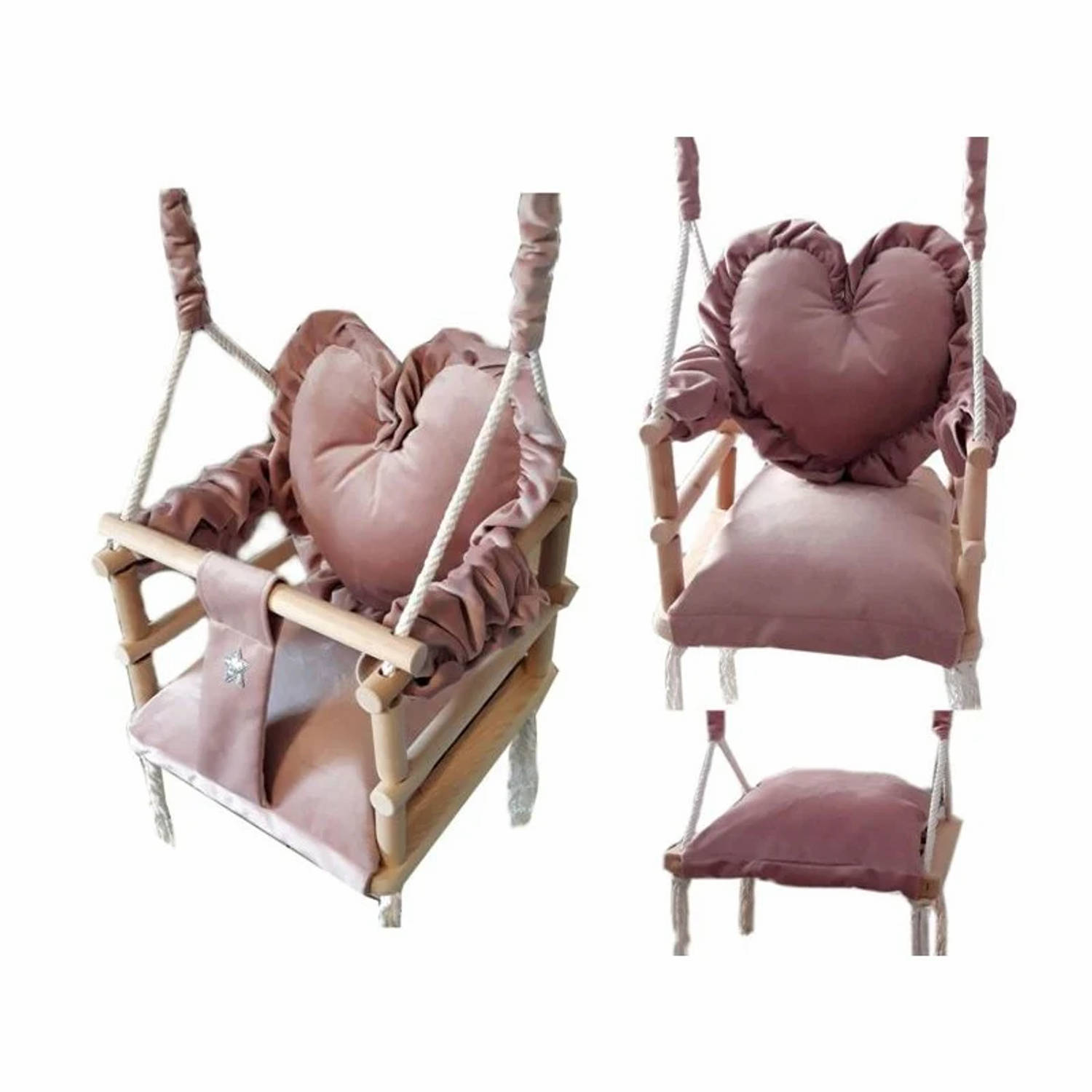 Luxe houten 3 in 1 handgemaakte roze meegroei baby schommel en kinder schommel met hart vormig kussen – Baby swing – Schommel die meegroeit met je kindje - Schommelstoel - Schommel