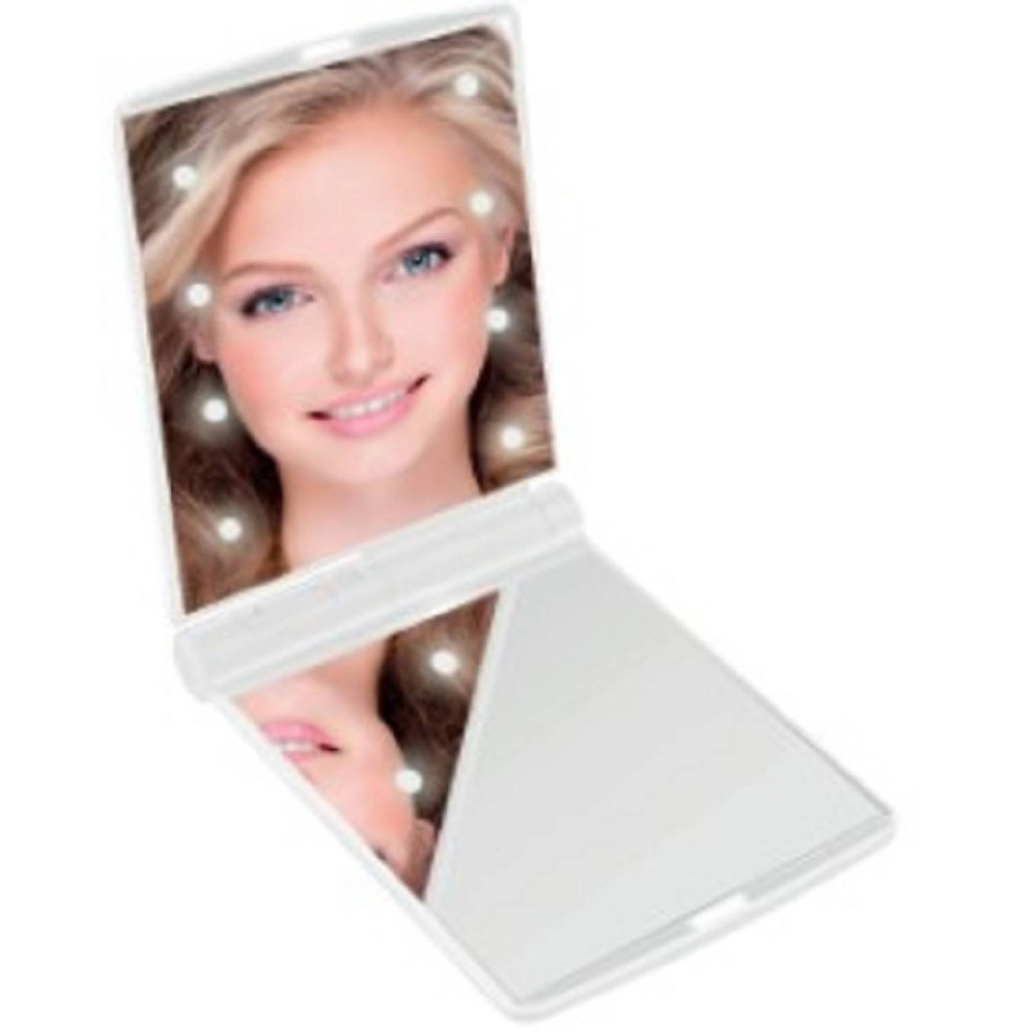 LED Make-up spiegel-handspiegel-zakspiegel wit 11,5 x 8,5 cm dubbelzijdig Make-up spiegeltjes