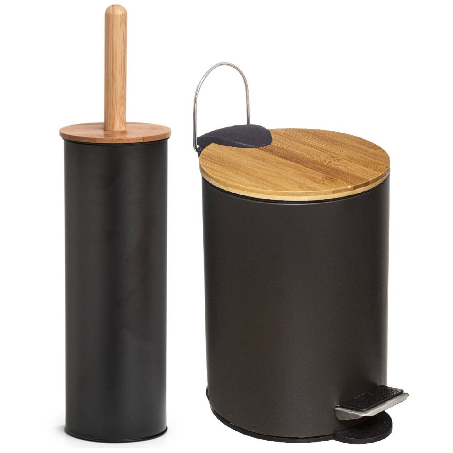 Badkamer-toilet set WC-borstel en pedaalemmer metaal- bamboe hout zwart Toiletborstels