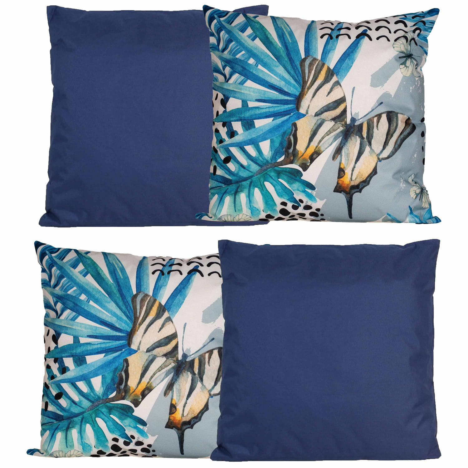 Bank-tuin kussens set voor binnen-buiten 4x stuks donkerblauw-tropical print 45 x 45 cm Sierkussens