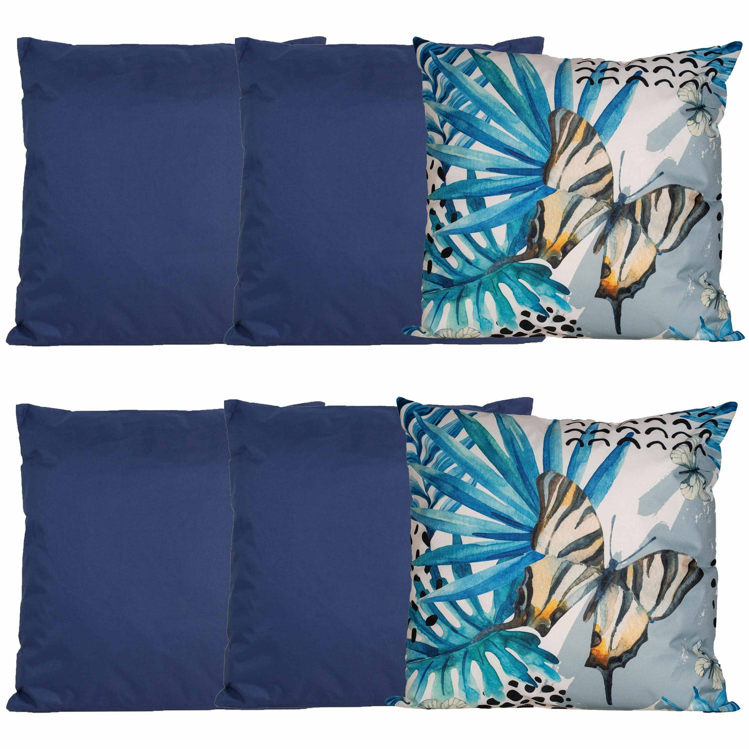 Bank-tuin kussens set voor binnen-buiten 6x stuks donkerblauw-tropical print 45 x 45 cm Sierkussens