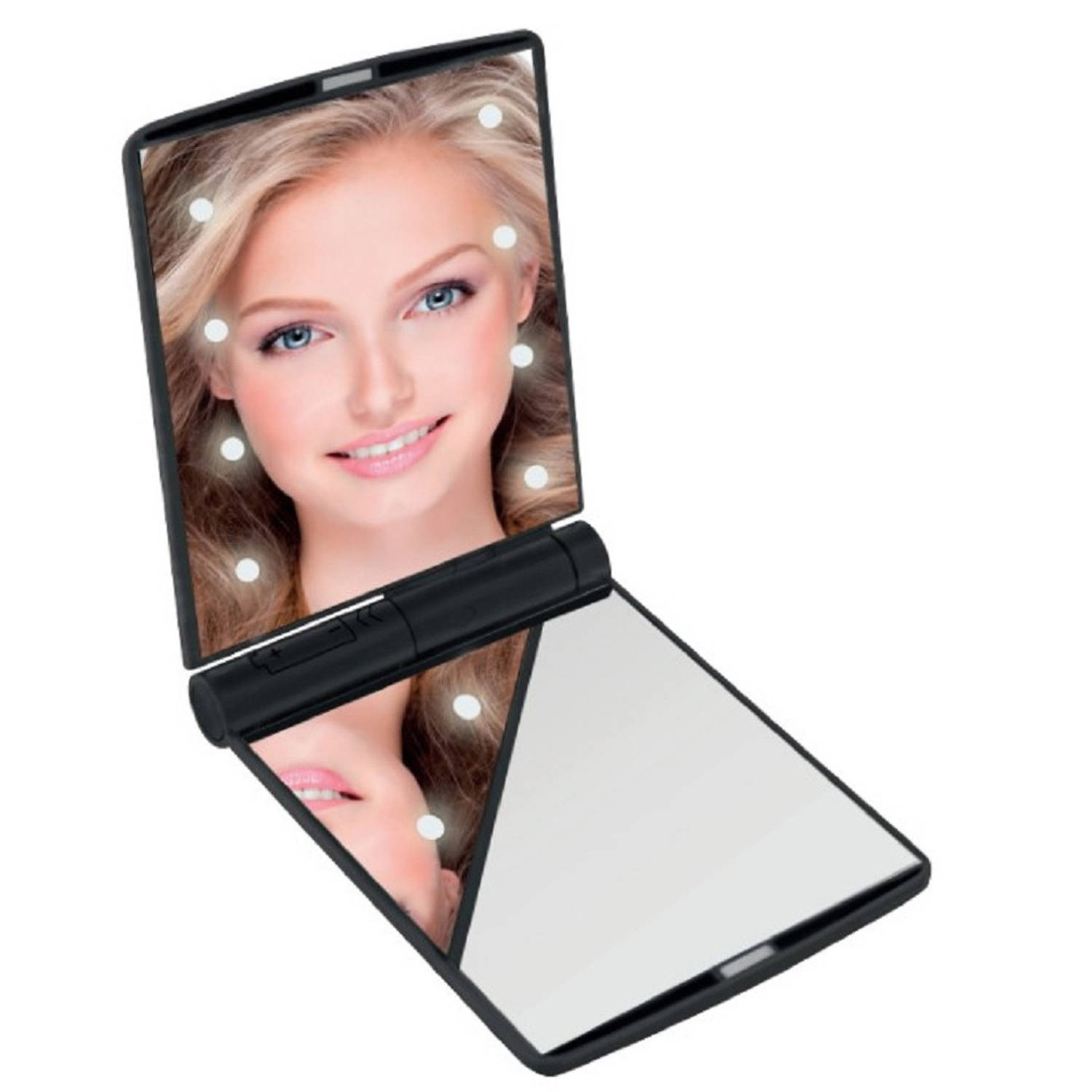LED Make-up spiegel-handspiegel-zakspiegel zwart 11,5 x 8,5 cm dubbelzijdig Make-up spiegeltjes