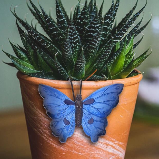 Pro Garden tuindecoratie bloempothanger vlinder - kunststeen - blauw - 13 x 10 cm - Tuinbeelden