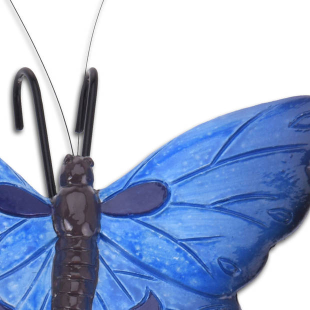 Tuindecoratie bloempothanger vlinder - set 2x - blauw/oranje - kunststeen - 13 x 10 cm - Tuinbeelden