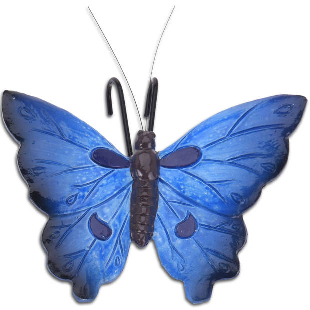 Tuindecoratie bloempothanger vlinder - set 2x - blauw/rood - kunststeen - 13 x 10 cm - Tuinbeelden