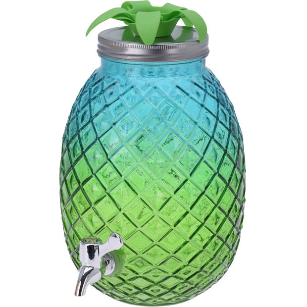 Glazen water/limonade/drank dispenser ananas blauw/groen 4,7 liter - Drankdispensers