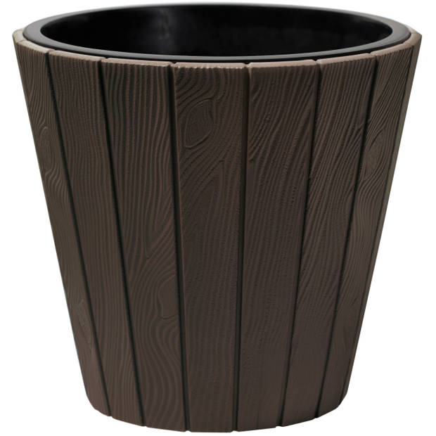 Prosperplast Plantenpot/bloempot Wood Style - buiten/binnen - kunststof - donkerbruin - D35 x H32 cm - Plantenpotten