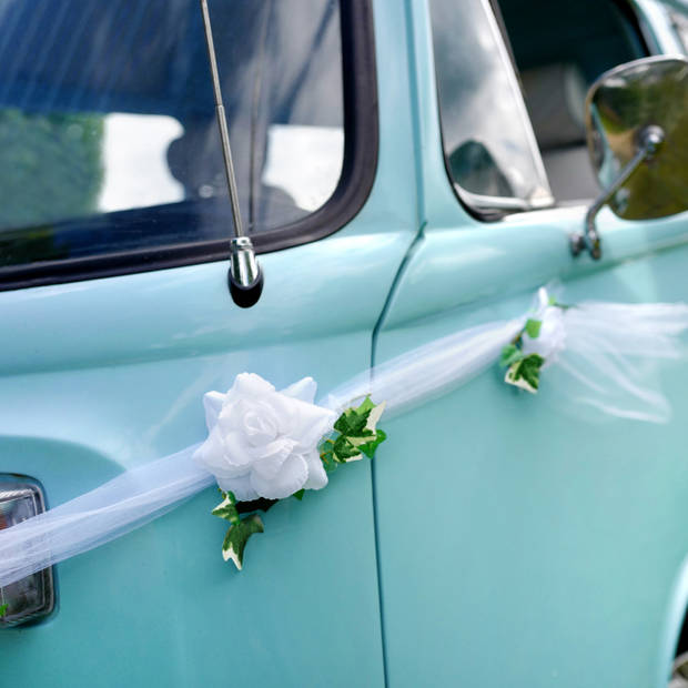 PartyDeco trouwauto lint roosjes - Bruiloft - wit met groen blad - just married - Feestdecoratievoorwerp