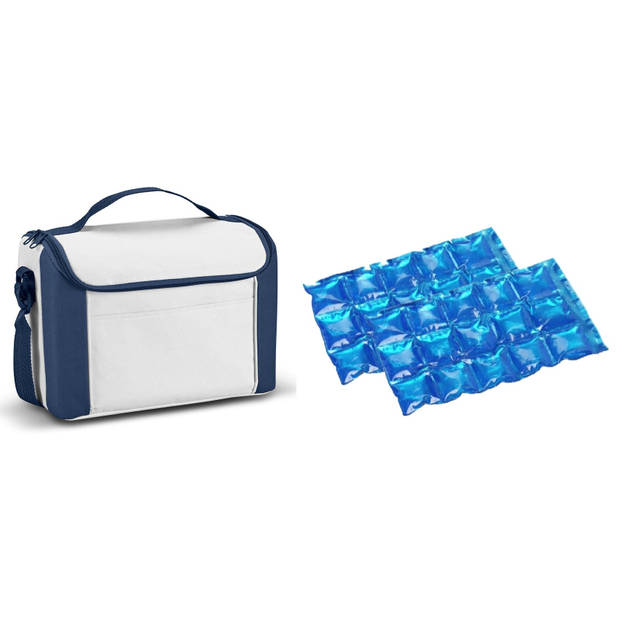 Kleine koeltas voor lunch blauw/wit met 2 stuks flexibele koelelementen 8 liter - Koeltas