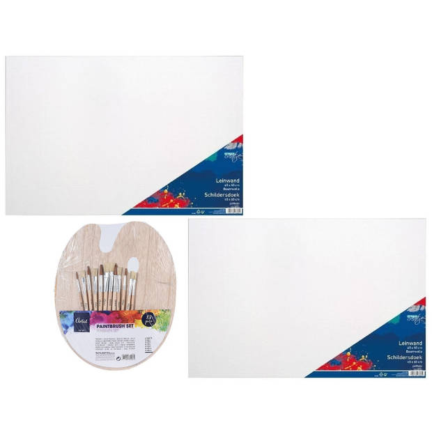 Hobby speelgoed set 2x Schildersdoeken 40 x 60 cm met palet en 12 kwasten - Schildersdoeken