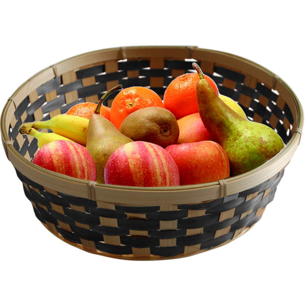 Fruitmand/fruitschaal rond - gevlochten bamboe hout - D29 cm - zwart/naturel - Fruitschalen