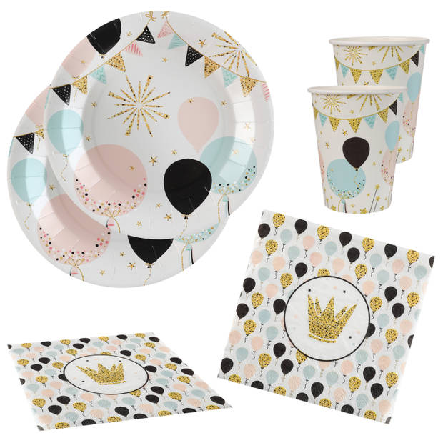 Feest wegwerp servies set - ballon - 20x bordjes / 20x bekers / 20x servetten - wit/goud - Feestpakketten