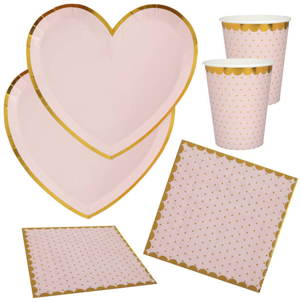 Feest wegwerp servies set - hartje - 10x bordjes / 10x bekers / 20x servetten - roze/goud - Feestpakketten