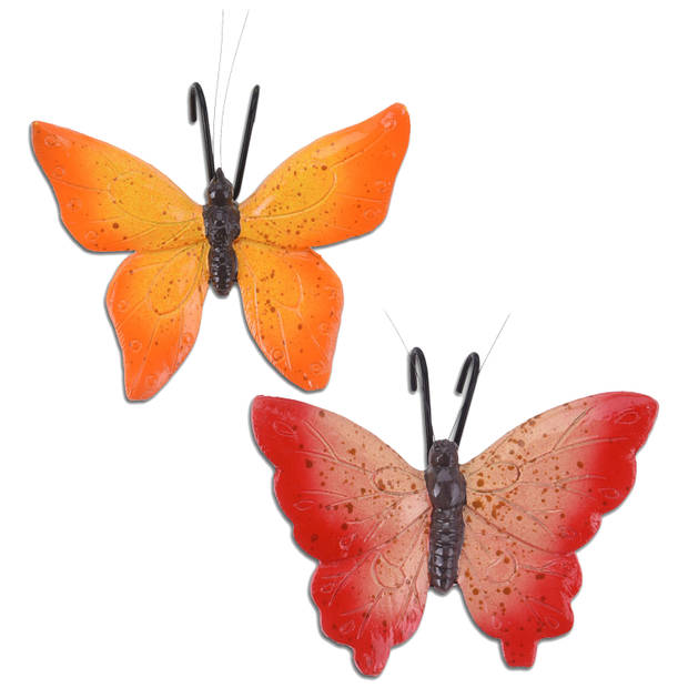 Tuindecoratie bloempothanger vlinder - set 2x - rood/oranje- kunststeen - 13 x 10 cm - Tuinbeelden