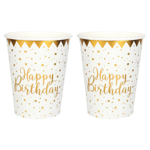 Verjaardag feest bekertjes happy birthday - 20x - wit - karton - 270 ml - Feestbekertjes