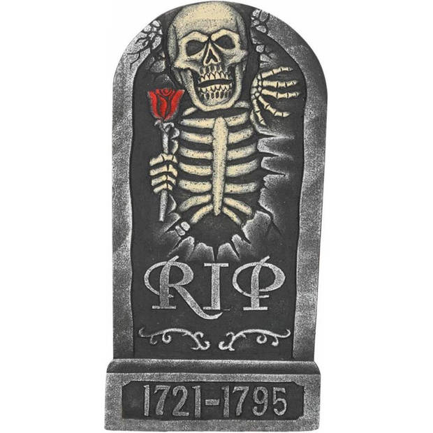 Horror kerkhof decoratie grafsteen RIP skelet met roos 32 x 65 cm - Feestdecoratievoorwerp