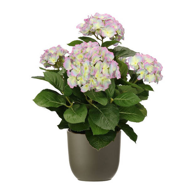 Hortensia kunstplant/kunstbloemen 45 cm - paars/groen - in pot olijfgroen mat - Kunstplanten